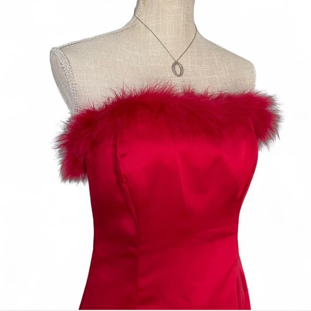 Y2K Red Satin Marabou trim Dress - Picture 3 of 7
